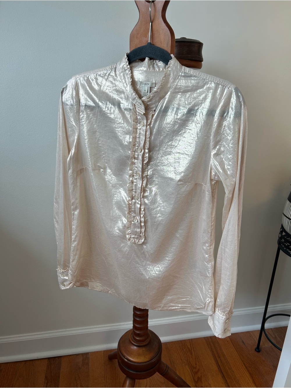 J. Crew Shimmery Champagne Ruffle-Trim Button-Down Top Size XS